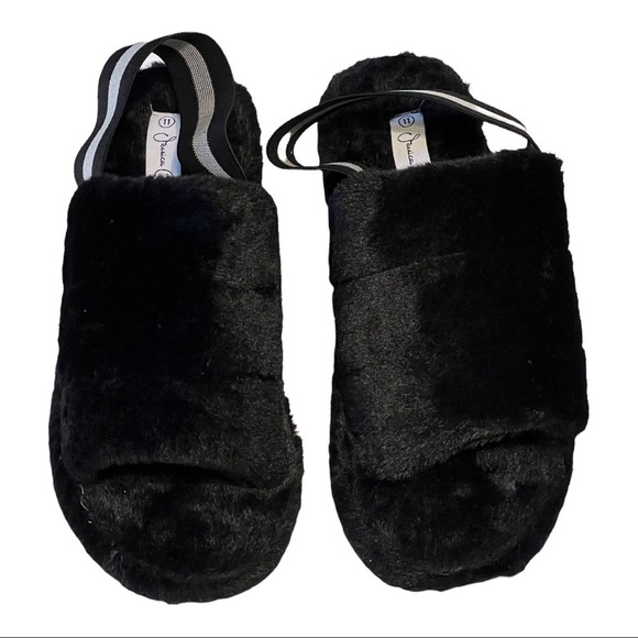 Jessica Carlyle Faux Fur Sling-Back Sandals Black Buckle Furry Open-Toe Sz 11 - Picture 1 of 6